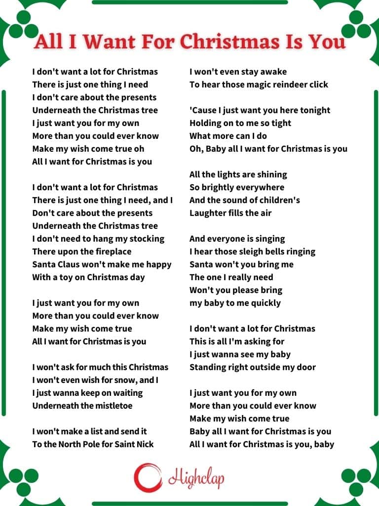 All I Want For Christmas Is You Lyrics Mariah Carey Highclap